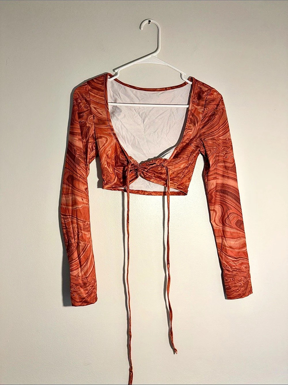 SHEIN Swirl Print Tie Front Crop Top Brown Small